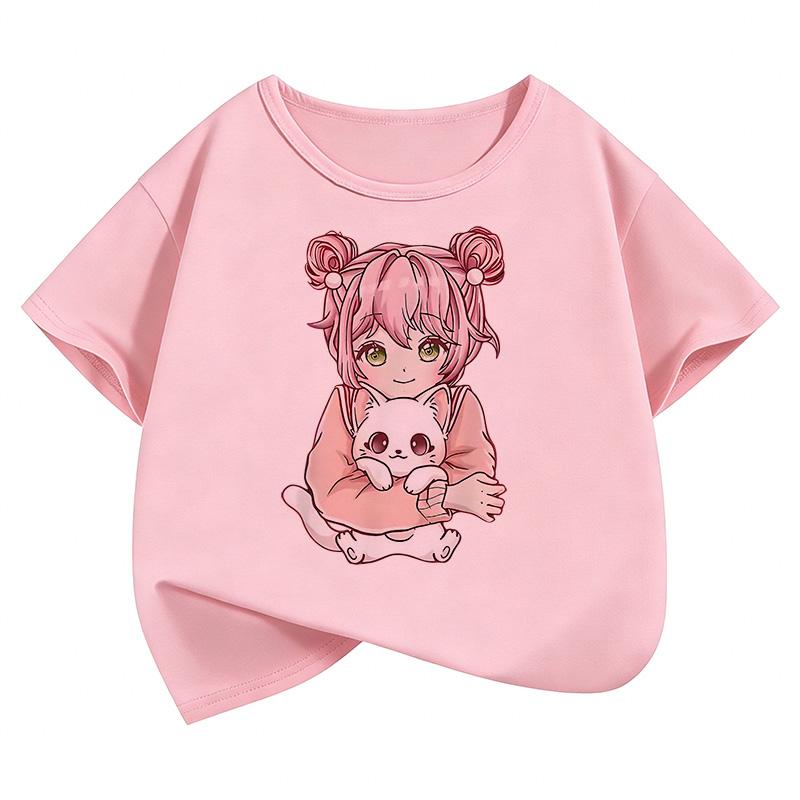 Japanese Anime Style Girl with Cat Design T Shirts Manga Kids Childrens Tshirt Boys Girls Summer Spring Casual Top Tee Shirt