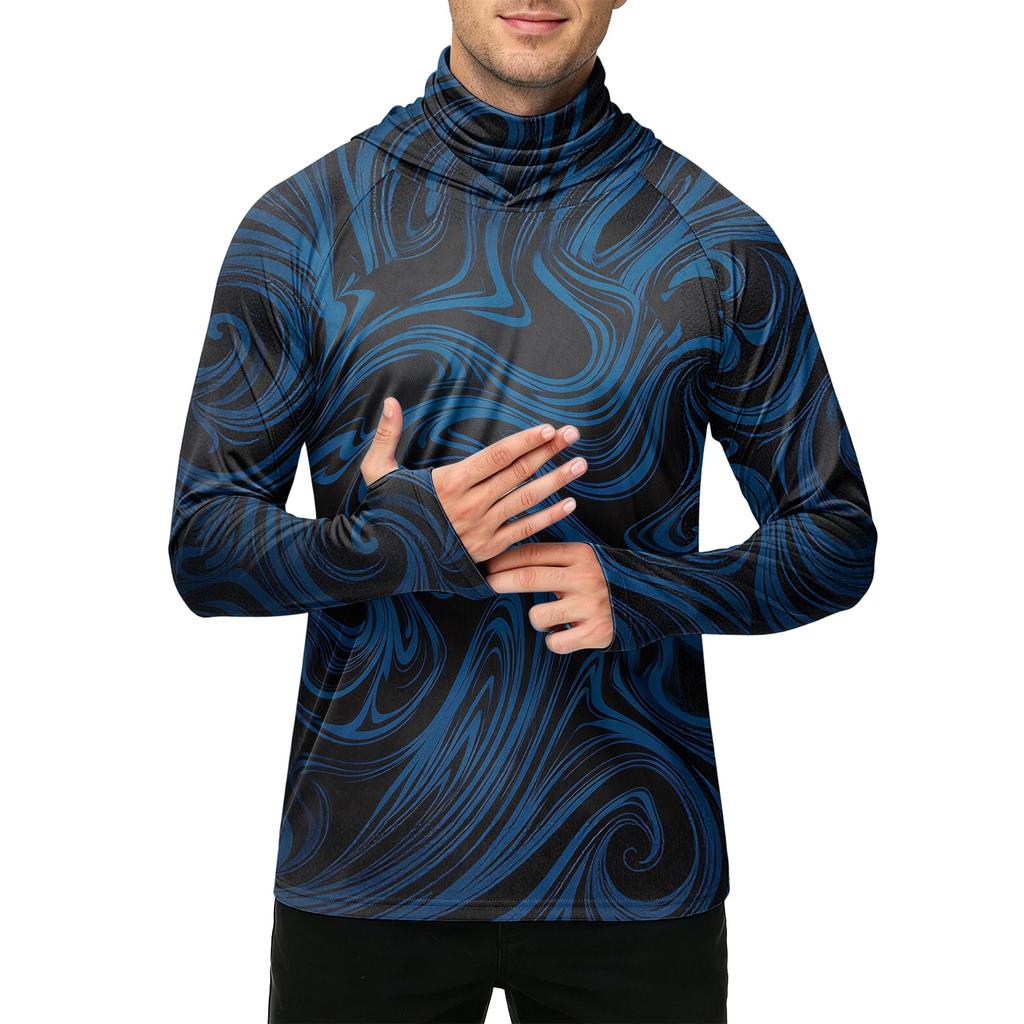 Men's Casual Outdoor Hooded Long Sleeve Sun Protection Shirt Lightweight Breathable Striped Printed Pullover Top for Sports Hiking Fishing