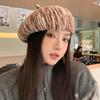 Striped Beret Autumn and Winter Hat Women's Big Head Circumference Fleece Warm Beret Fashion Versatile Painter Hat
