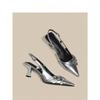 2025 Beautiful High Heels Women's Thin Heels Silver Temperament Pointed Single Shoes Belt Buckle French Bag Head Sandals