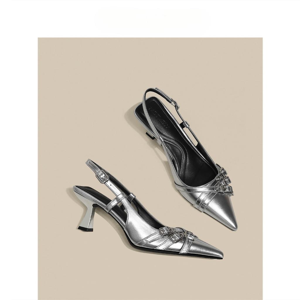 2025 Beautiful High Heels Women's Thin Heels Silver Temperament Pointed Single Shoes Belt Buckle French Bag Head Sandals