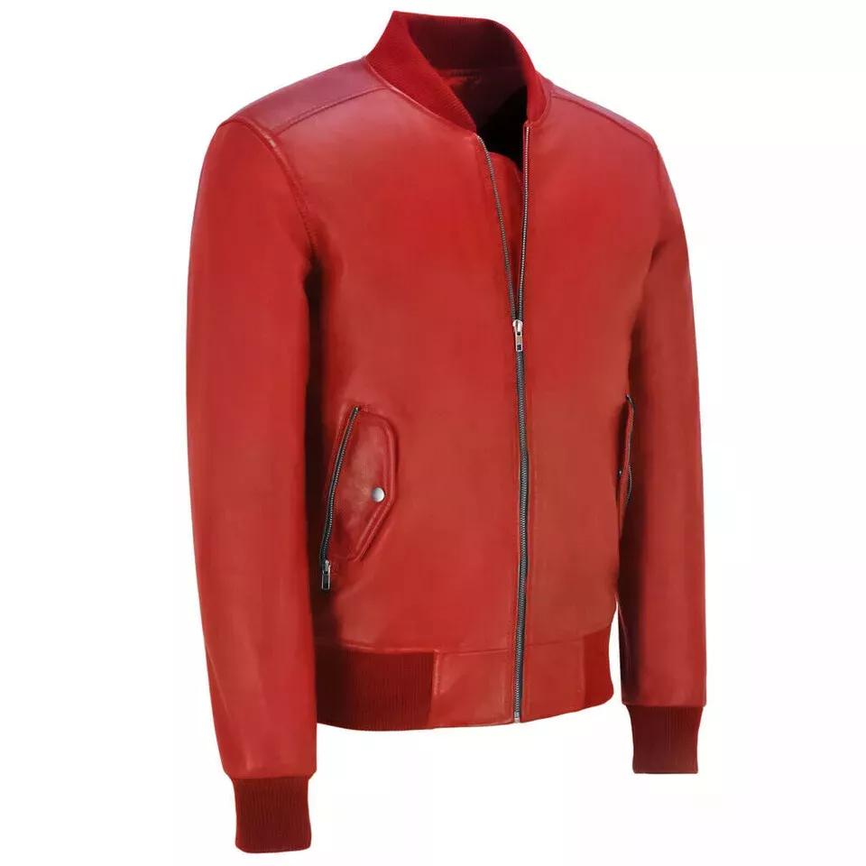 Ny Herrjacka Röd Bomber Lammhud Äkta Läder Handgjord Biker Motorcykel