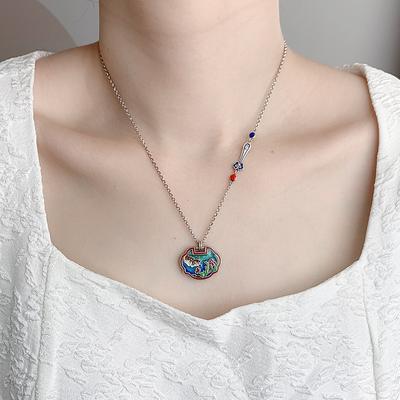 S925 Sterlingsilber Ruyi Halskette, Retro Gebrannt Blau Handwerkskunst Anhänger Anhänger mit Kette Schlüsselbein Kette Verstellbar