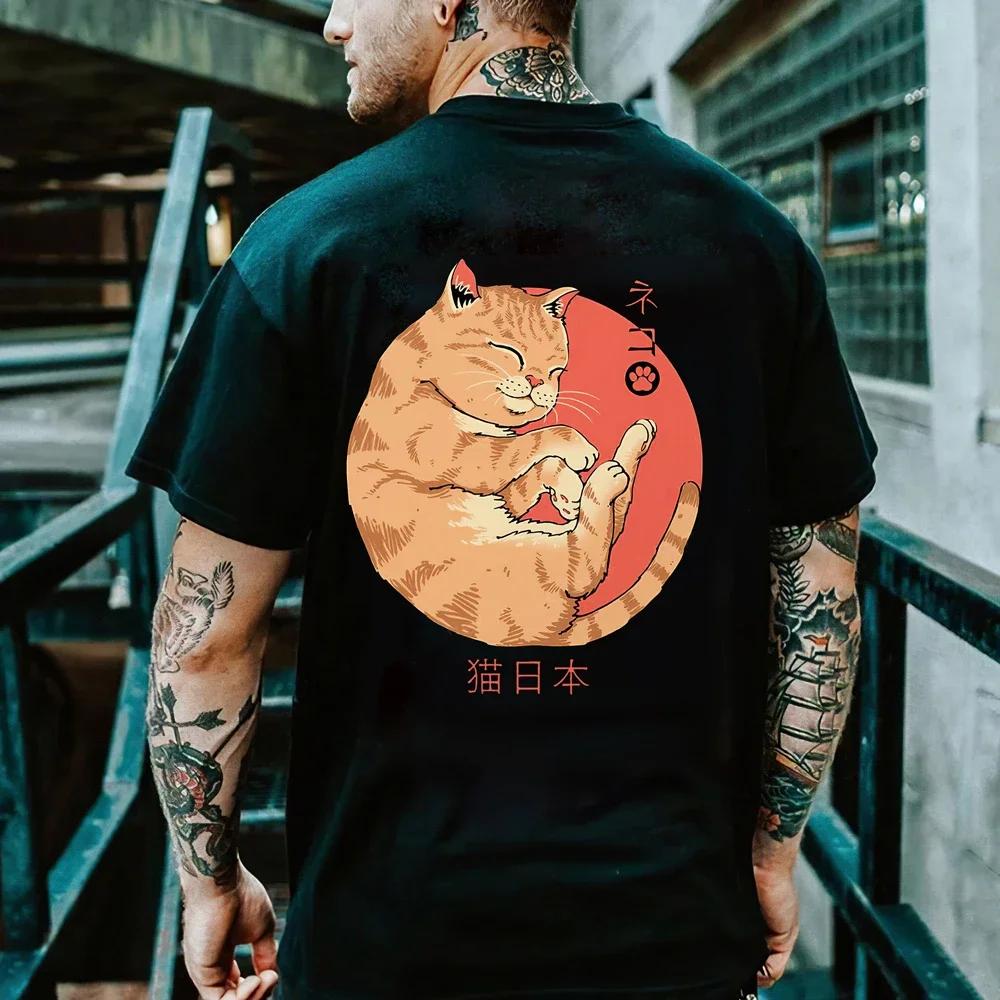 Cartoon Anime Samurai Cat Printed T Shirt For Men Outdoor Hip Hop Harajuku Vintage Clothes Casual O-neck Loose Short Sleeve Tees