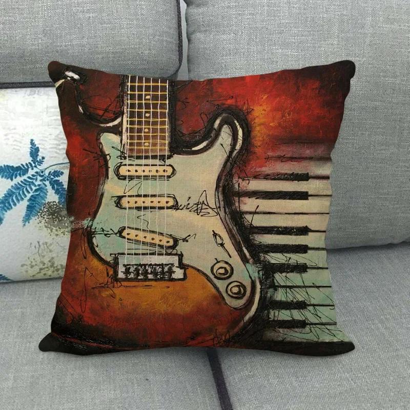 Watercolor Guitar Saxophone Pillow Bedroom Decor Luxury Home  Beautiful Musical Instrument Throw Pillowcase