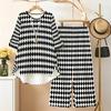 Women's 2‑Piece Outfit, Geometric Plaid 3/4 Sleeve Irregular Hem Top & Wide Leg Pants Set, Casual Loose Matching Suit