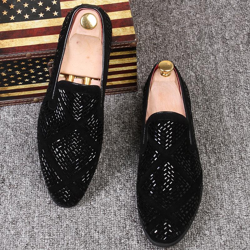 New European heavy industry set foot loafers Korean versi diamd-studded low top young men breathable pointed leather shoes