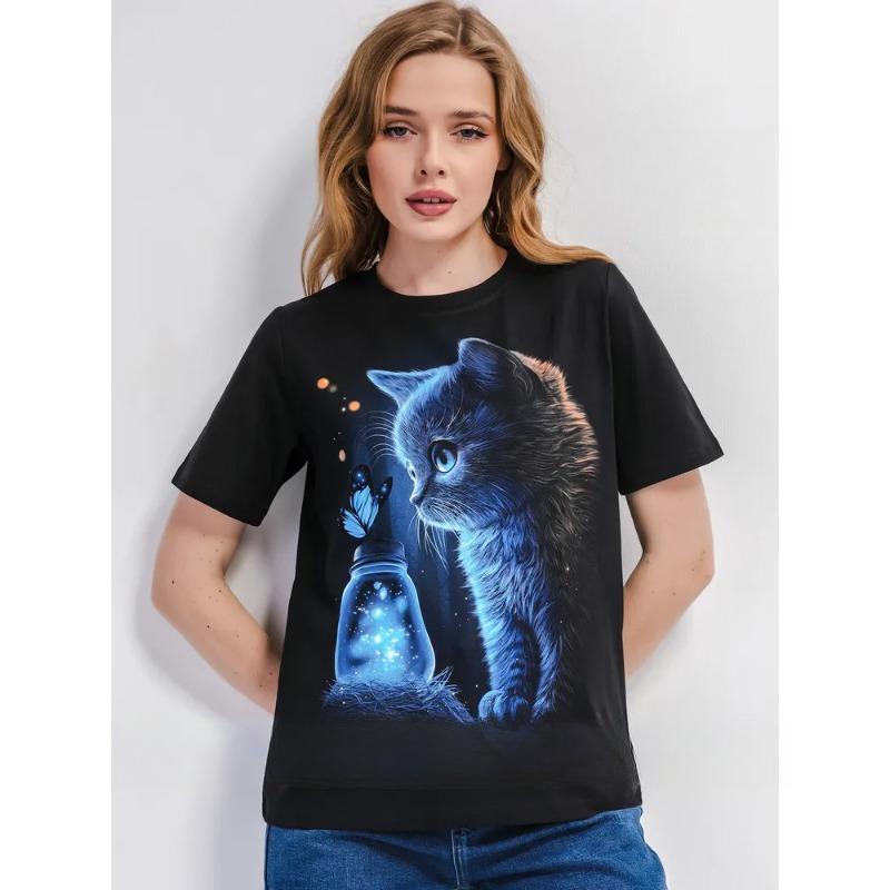 Top de vară cu gât rotund și imprimeu 3D cu pisică, tricouri de damă la modă și casual cu mânecă scurtă