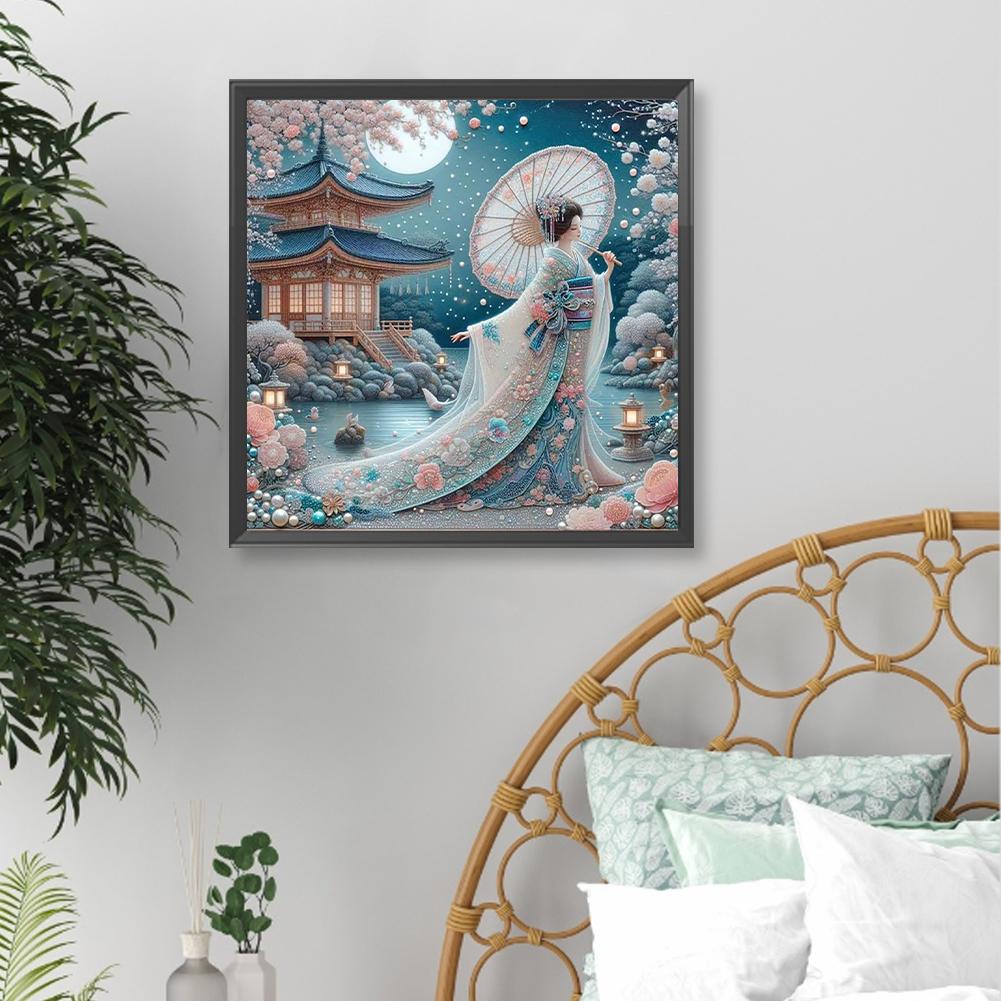 Japanese Geisha Beauty Full DIY 5D Round Drill Diamond Art Kits 40x40cm for Adults/Beginners Gift Idea Home Wall Decor