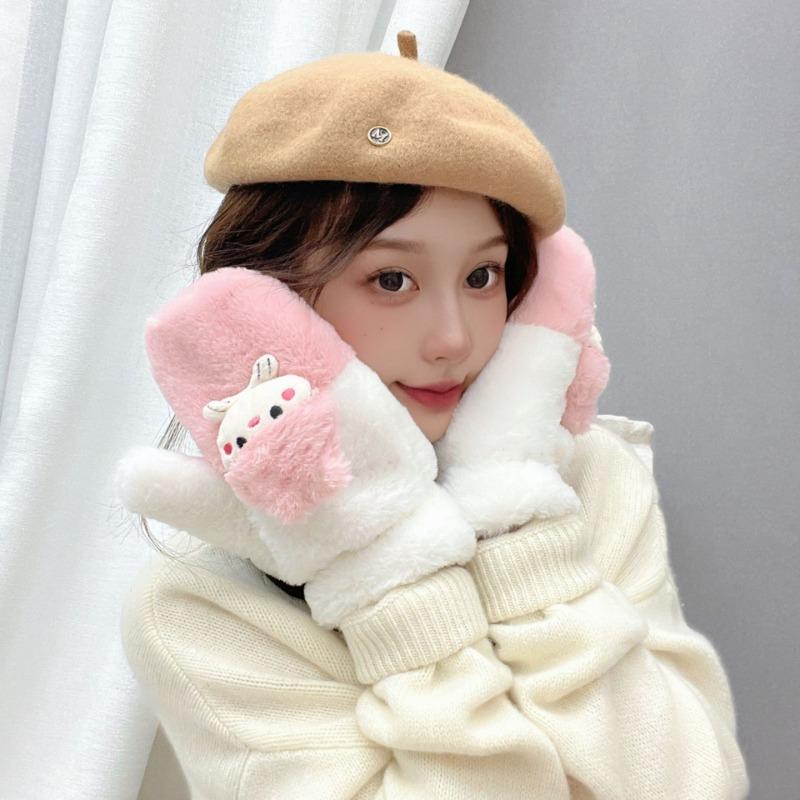 Winter outdoor cold-proof plush thickened warm gloves women's new casual neck cute plush full finger