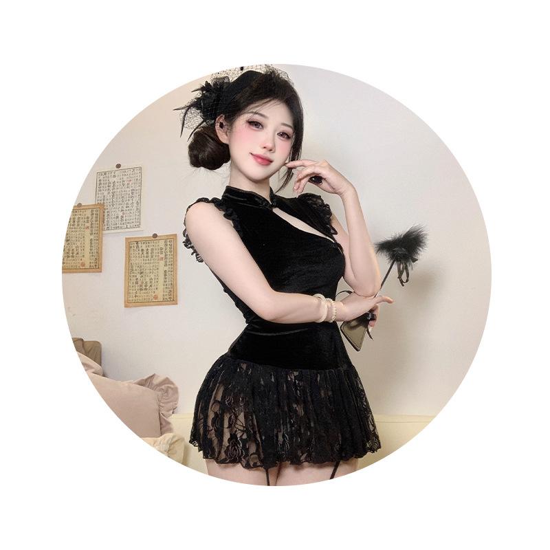 Sexy lingerie retro new Chinese cheongsam sexy velvet lace mesh buckle cheongsam sex nightdress