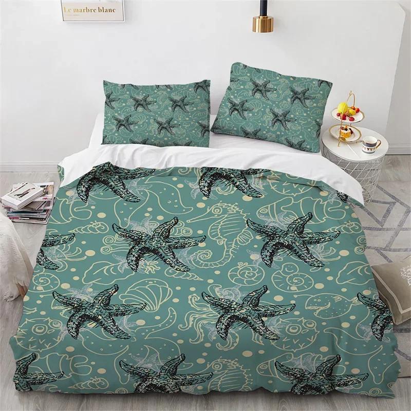 Sea Animal Turtle Duvet Cover Queen Microfiber Dolphin Octopus Conch Starfish Quilt Cover Ocean Theme Bedding Set For Boys Girls