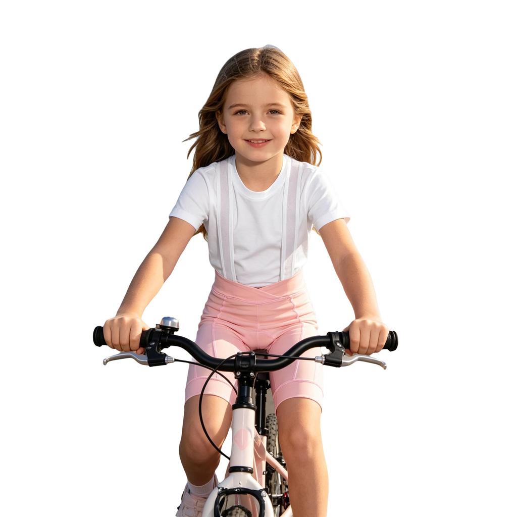 Kids Girls Cycling Bib Shorts High Waist V-Front 3D Padded Bike Shorts with Mesh Straps for Outdoor Sports Training