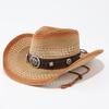 Summer Sunscreen Cowboy Hat Hollow Straw Hat Men's and Women's Retro American Leather Webbing Outdoor Windproof Sunshade Beach Hat