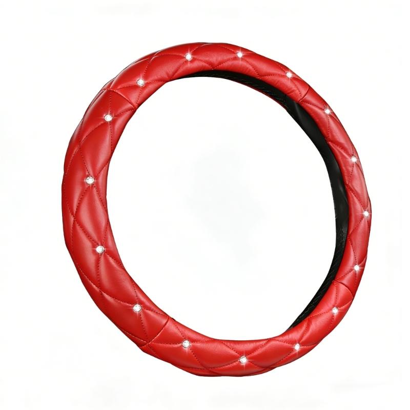 Leather Steering Wheel Cover Featurings Sparkling Rhinestones Studs for Enhanced Driving Comfort and Antislip