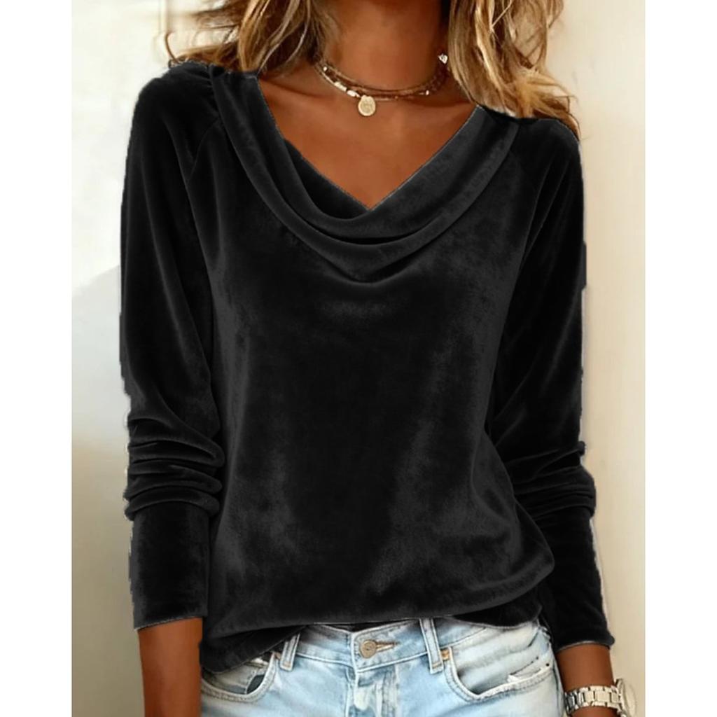 Women's Solid Color Velvet Long Sleeve T-shirt, Sexy Cowl Neck Casual Top
