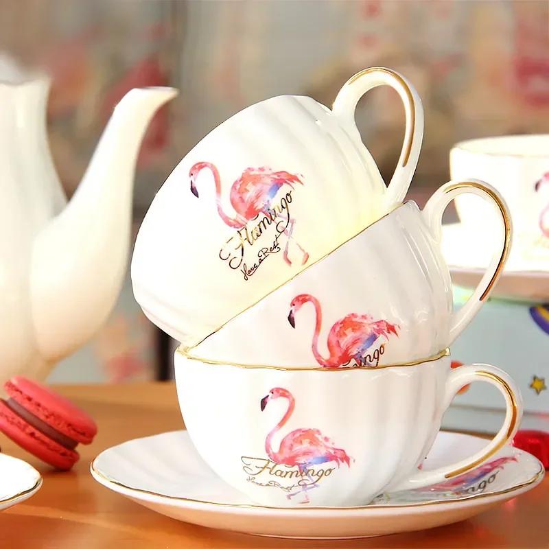Ceramic Coffee Cups and Saucers Set, Afternoon Flower Tea Mugs, Minimalism Teacup and Tray, Household Office Porcelain
