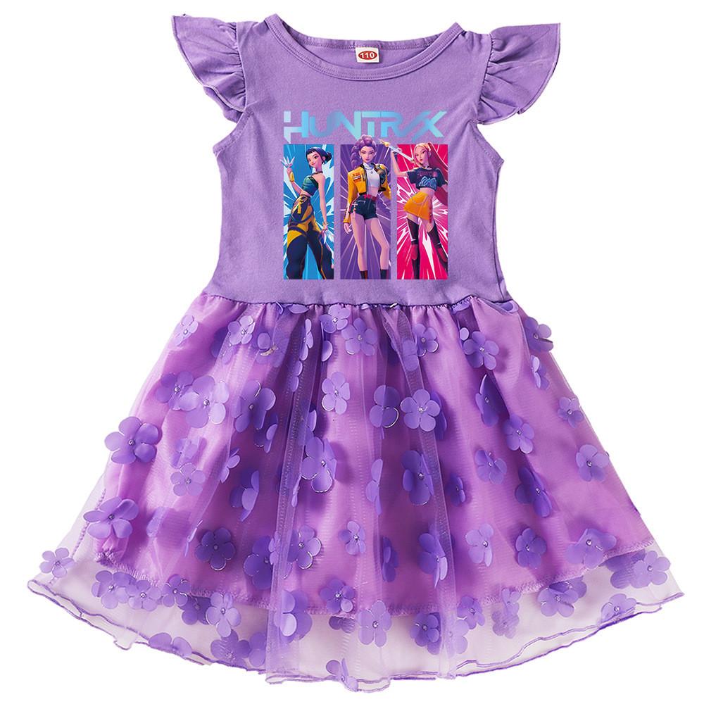 

Детское платье для девочек, аниме, мультяшное, K-pop, принт суперзвезды, оборки, короткий рукав, хлопок, повседневное, с цветочным сетчатым верхом 140cm фиолетовый
