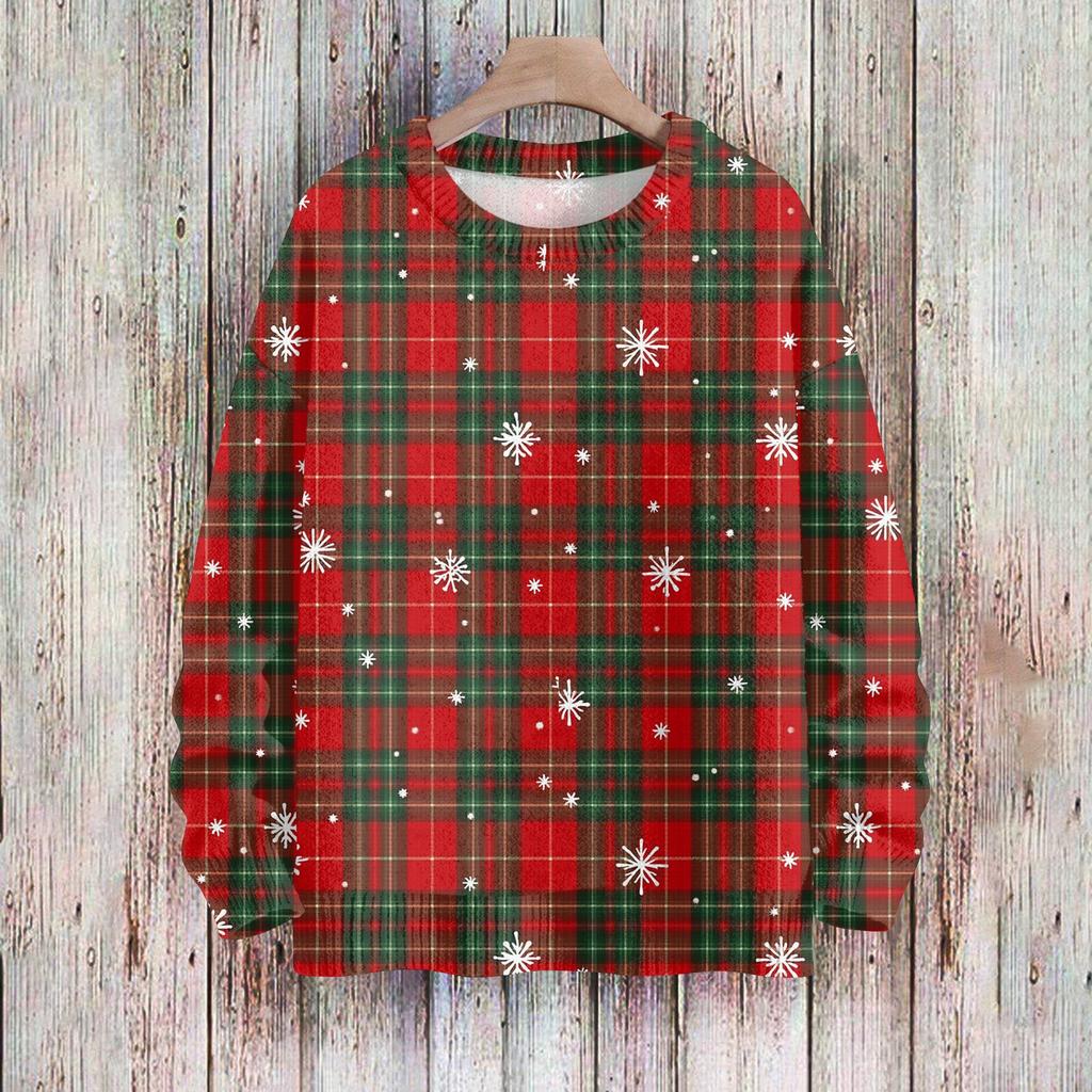 Women's Fashionable Casual Long-sleeved Checkered Printed Round-neck Sweater Knitted Top