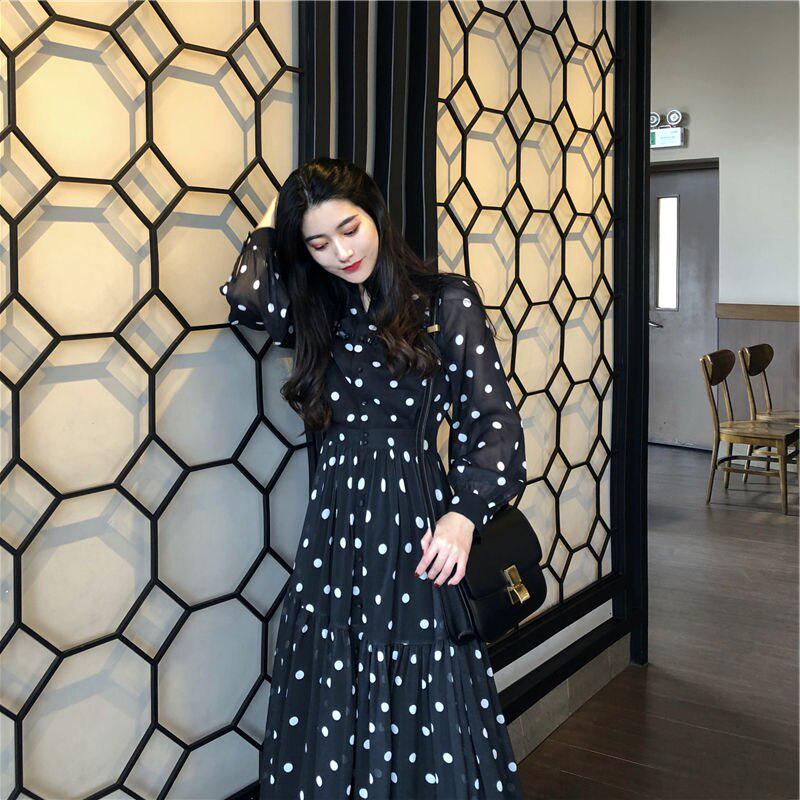 Abito Midi In Chiffon Con Pois, Maniche Lunghe, Scollo Quadrato E Volant – Stile Bohémien, Vita Alta, Nero