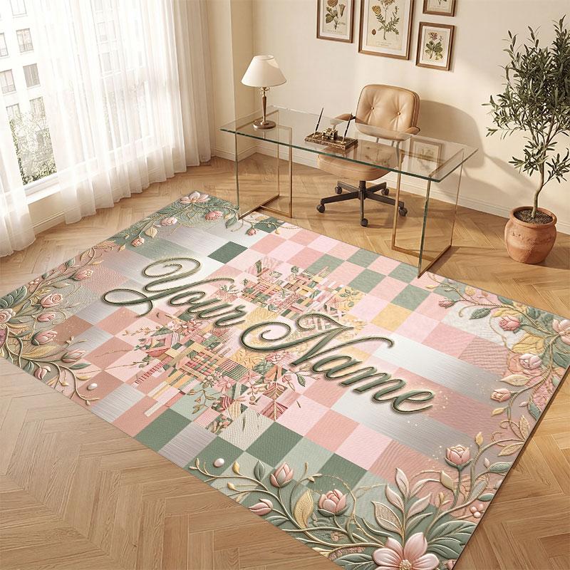 Floral Garden Theme Crystal Velvet Floor Rug Personalized Custom Name Text Warm Carpet Home Decoration