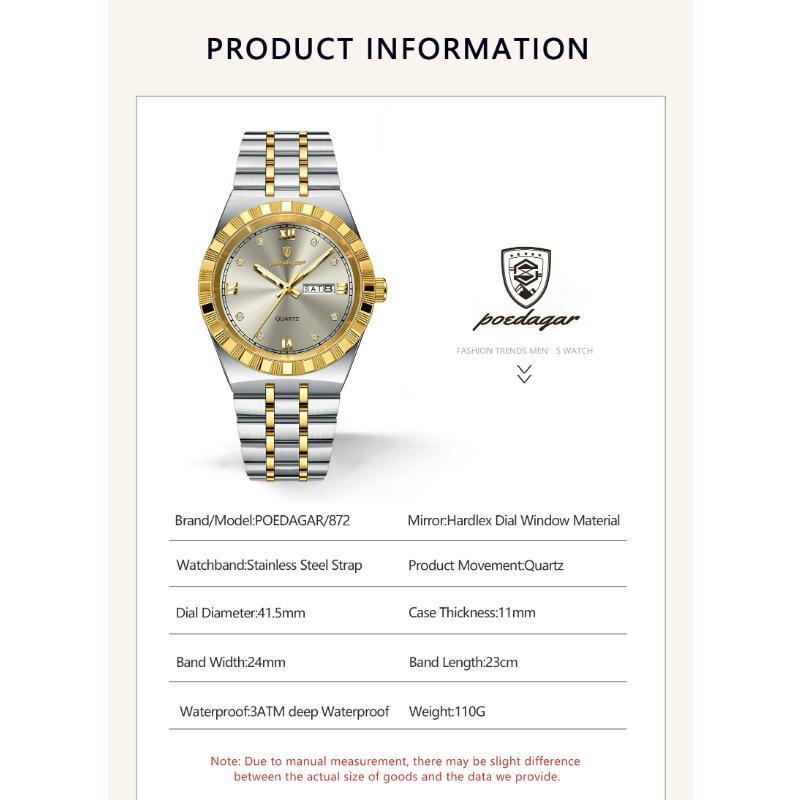 POEDAGAR Original Military Man Wristwatch Quartz Week Date Watch For Men Waterproof Luminous Stainless Steel Men's Watches