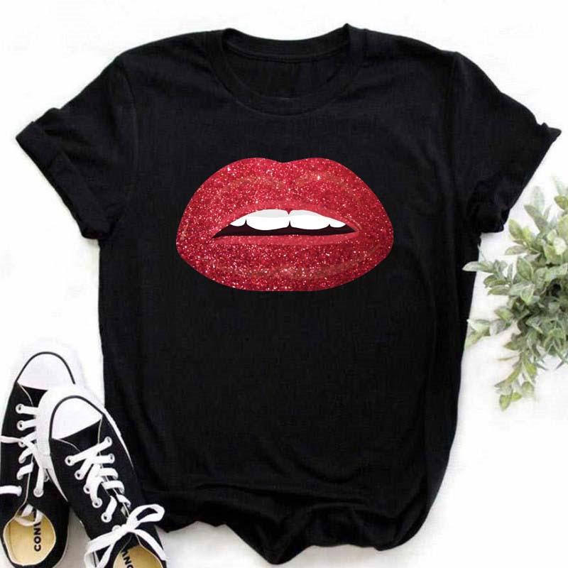 Spring Summer Plus Color Lips Loose Casual Fashion Simple Round Neck Pure Cotton Short Sleeved Top T-Shirts Women’s