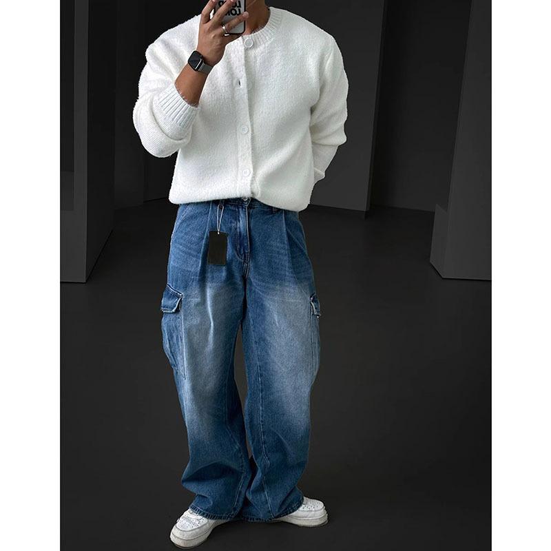 Cardigan Tricot Blanc Doux et Moelleux pour Homme - Style Coréen, Confortable et Chaud, Col Rond, Coupe Ample