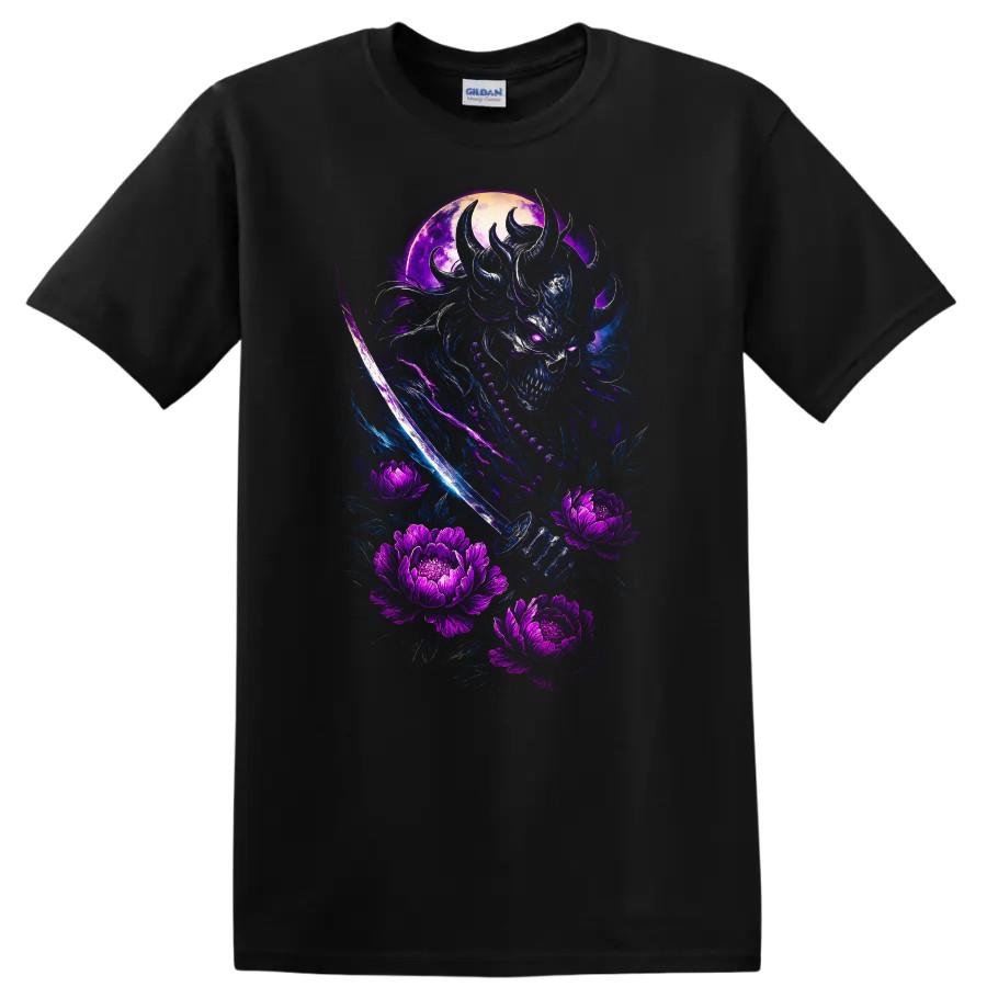 Samurai Skull T Shirt with Purple Flowers and Moon Graphic Tee