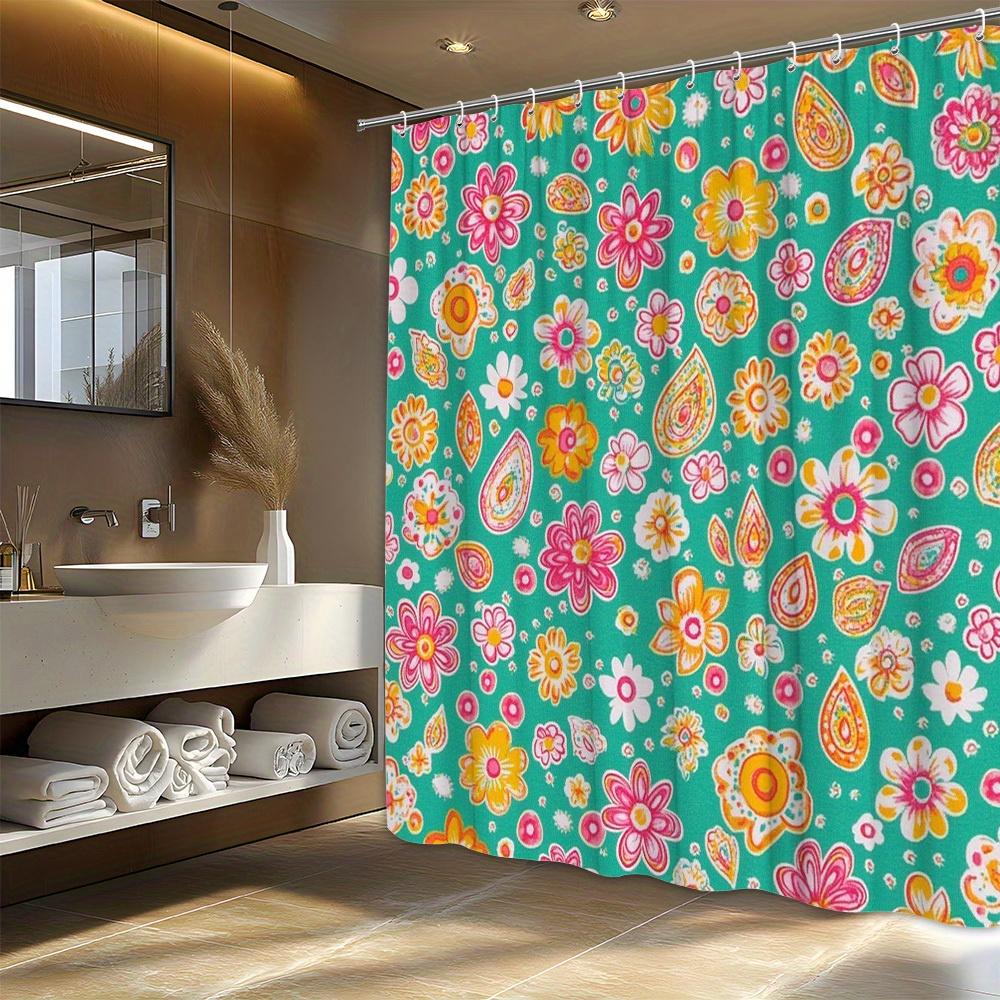 

1pc Retro 1970s Floral Shower Curtain - Bright Turquoise with Whimsical Yellow, Pink, Orange Flowers & Paisley Shapes, 12 Hook 90x180cm