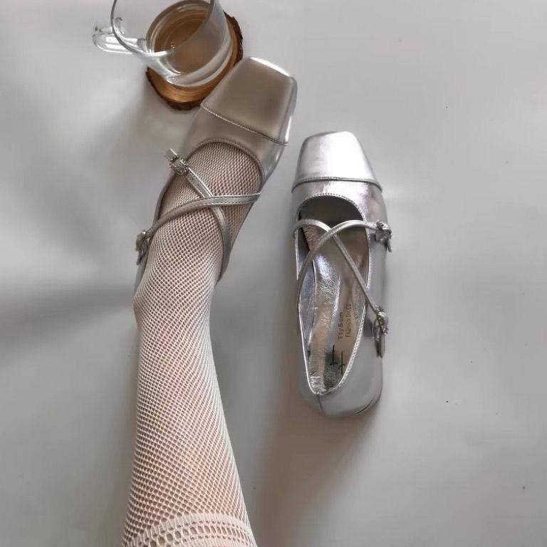 French small fragrant style silver fairy wind single shoes Internet celebrity explosion thin versatile skirt Mary Jane shoes