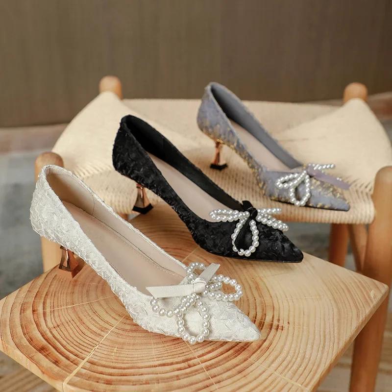 Fashion 2025 French White High Heels Women's Stiletto Pointed Shoes Pearl Bow Small Heel Shoes