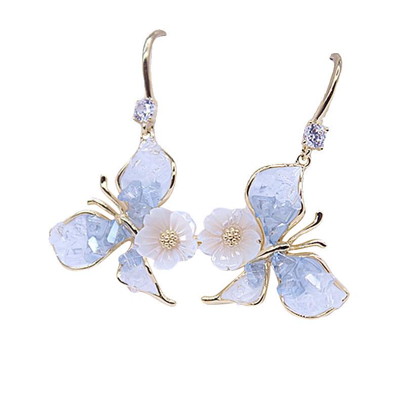 Gradient Blue Butterfly Flower Ear Hook Earrings for Women - High-End Korean Design, Perfect for Spring and Summer.