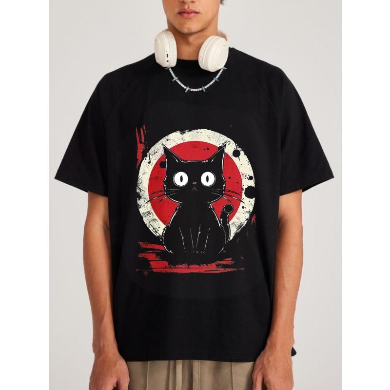 Black T Shirt With Black Cat And Red Sun Print For Casual Wear