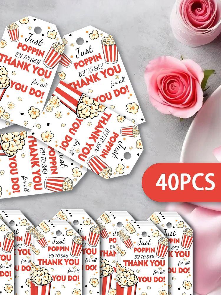 

40pcs, popcorn thank you tags, gift tag hang tags, gift wrapping tags with string, suitable for Teacher s Day, Employee Rewards, 7x4x0.1CM