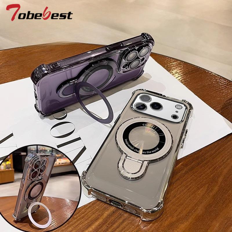 Clear Shockproof Plating Magnetic Magsafe Bracket Case For Iphone 17 Air 16 16E 15 14 Plus13 12 11 Pro XS Max XR Silicone Cover