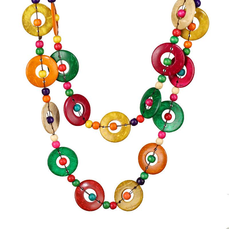 Bohemian Color Coconut Shell Wood Necklace Women's Vintage Double Layer Stacked Long Pendant Accessories