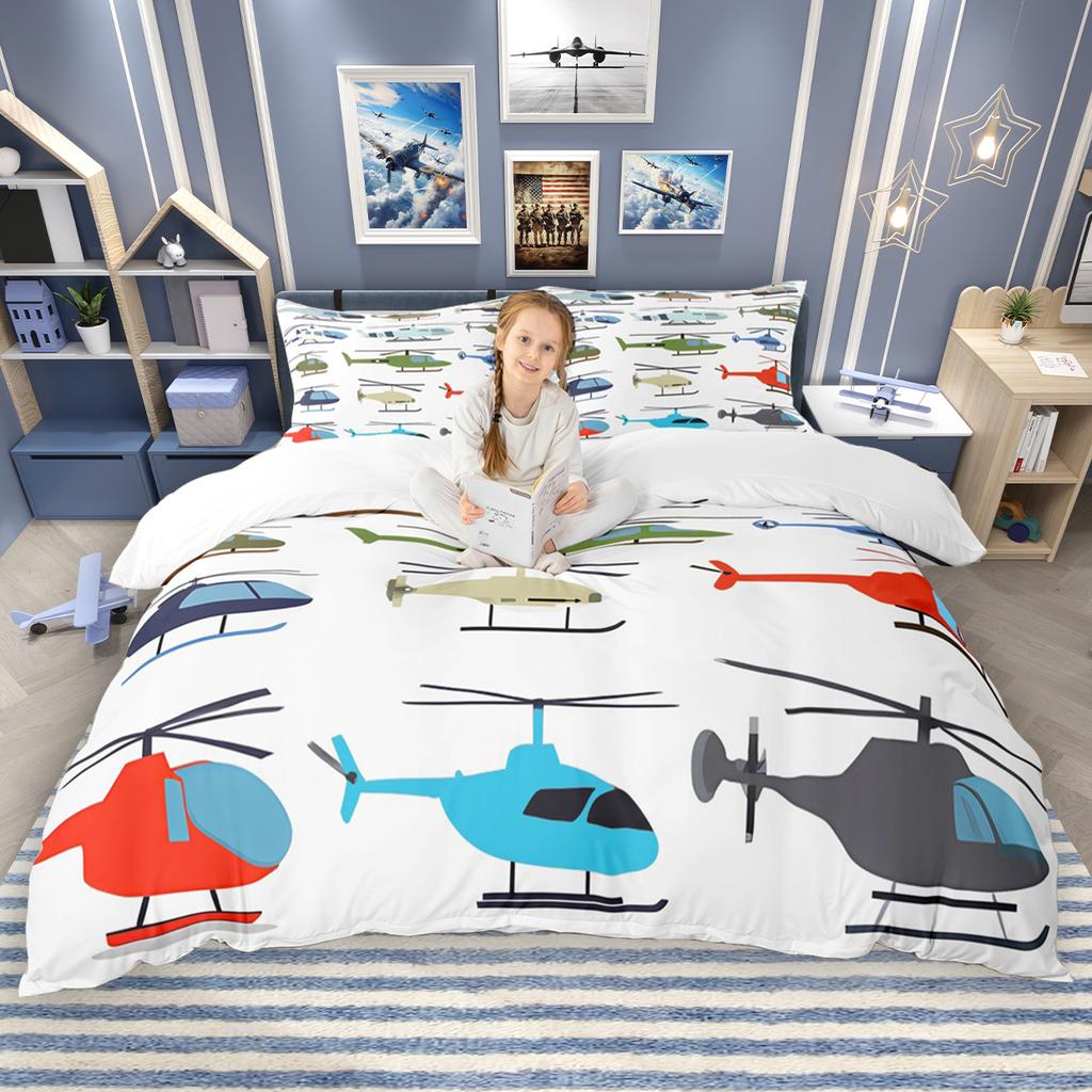 Homewish Cartoon Aircraft Train Duvet Cover Set for Children 2pcs/3pcs, Airplane Steam Engine Bedding, Transportation Bed Set