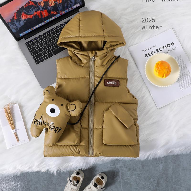 Backpack-ear Children's Down Cotton Vest, Autumn and Winter Thick Outerwear Hooded Vest for Boys and Girls