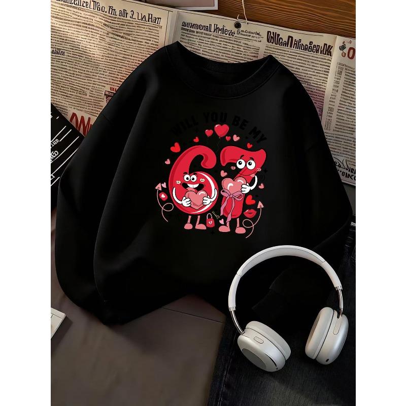 Kids Unisex Sweatshirt, Cute Cartoon Number 67 Will You Be My Heart Print Pullover, Boys Girls Valentine Birthday Sweatshirt For Kids Over 4 Years Old