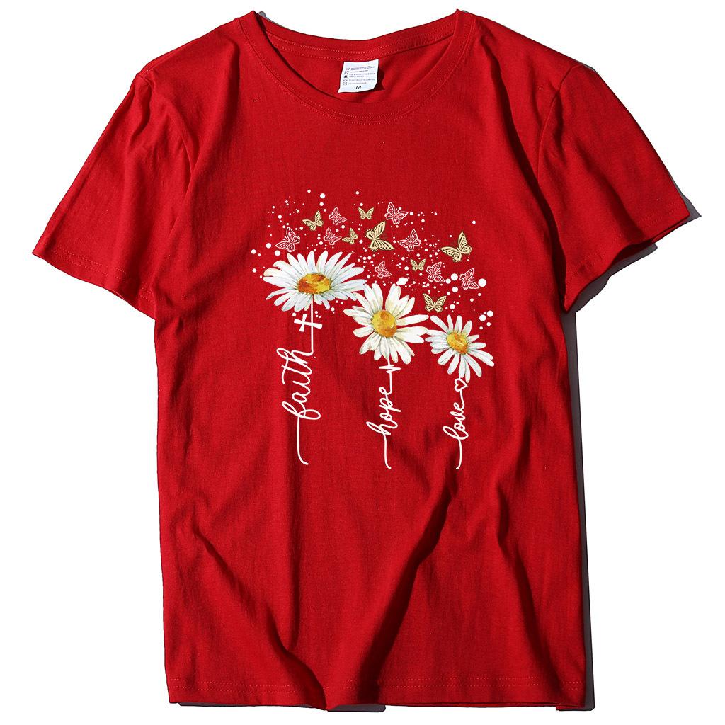 Ležérní tričko s potiskem chryzantémy a motýlů, letní top s krátkým rukávem z čisté bavlny s kulatým výstřihem, dámské