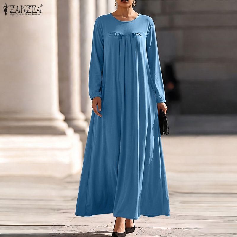 ZANZEA Women Elegant Casual Round Neck Solid Color Long Sleeve Loose Dress