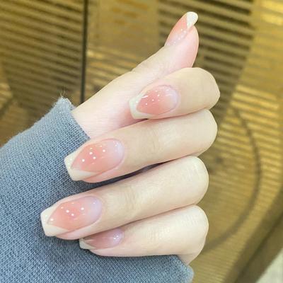 24pcs/set Pink Smudged Manicure Striped False Nails Finished Wearable Nail Stickers Press On Nail