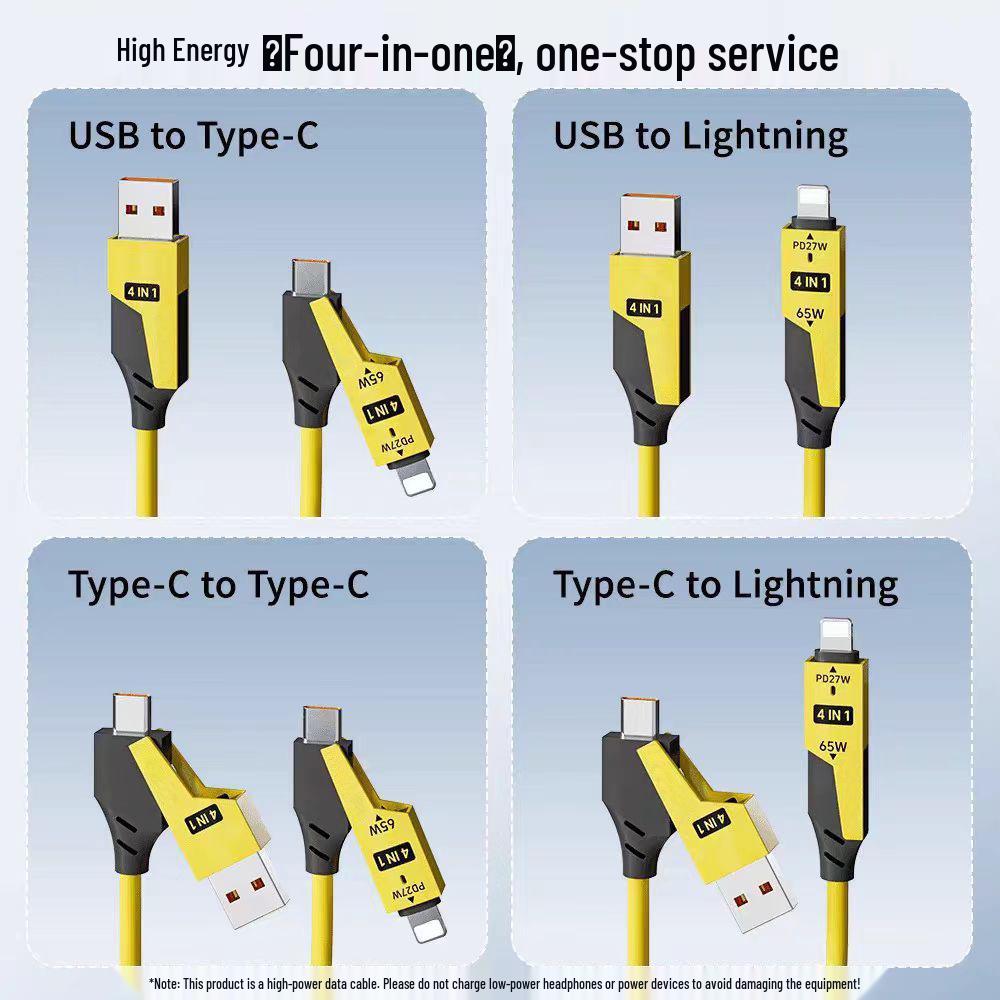 65W Fast Charging Retractable 4-in-1 Cable for Apple & Huawei