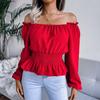 Fashion Elegant Off-shoulder Hem Ruffle Edge Blouse Women Slim Fit Pleated Solid Color Shirt Long Sleeve Casual Simple Short Top Sexy Women's Clothing