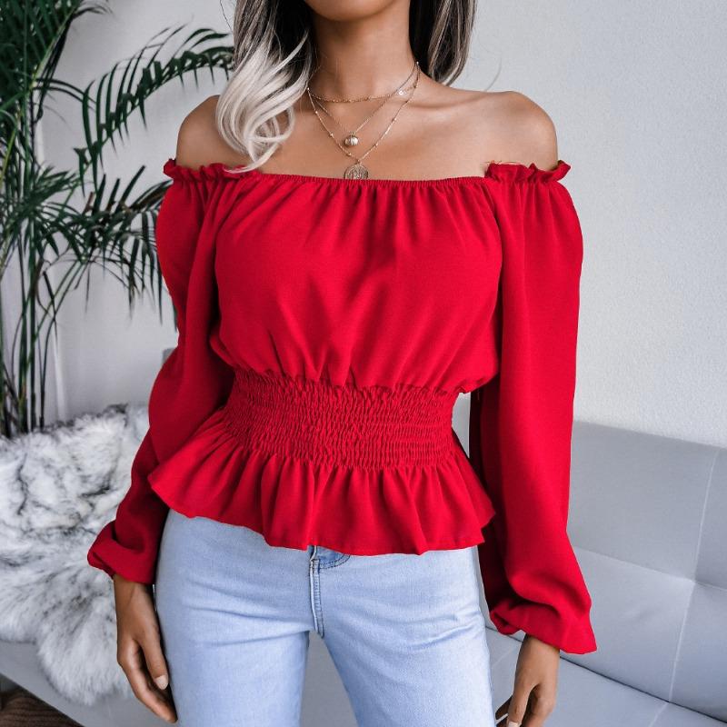 Fashion Elegant Off-shoulder Hem Ruffle Edge Blouse Women Slim Fit Pleated Solid Color Shirt Long Sleeve Casual Simple Short Top Sexy Women's Clothing