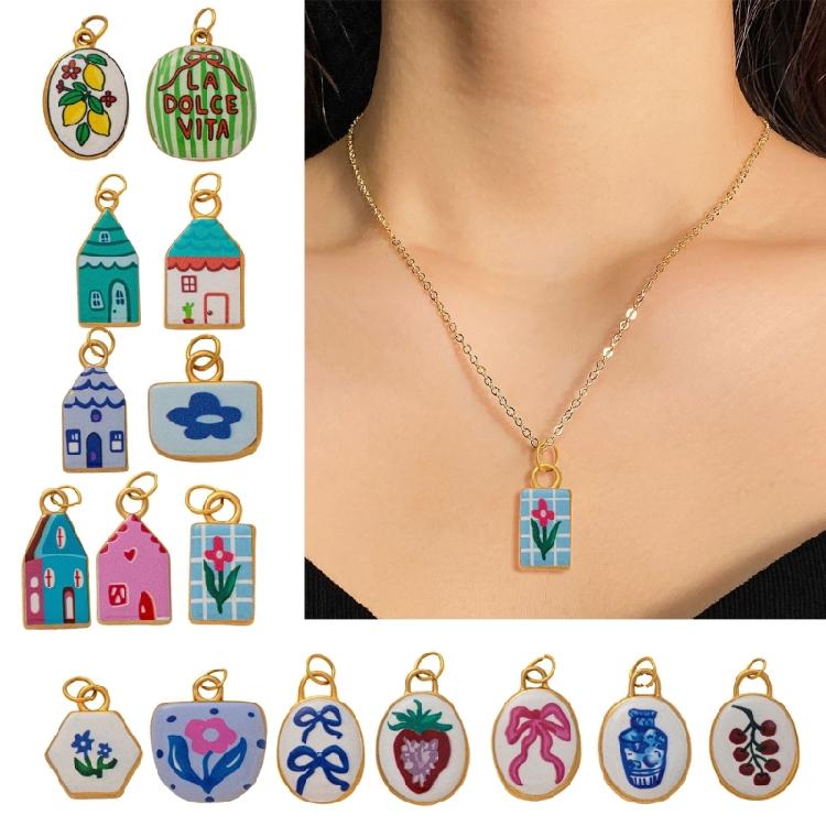Modern Elliptical Jewelry Component Floral House Print Accessories Stainless Steel Charm for Handmade Enthusiasts