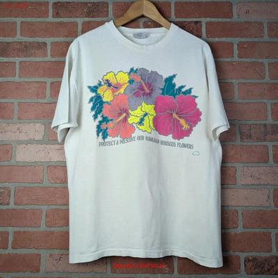 Vintage 90s Protect and Preserve Our Hawaiian Hibiscus ORIGINAL Flower T Shirt Extra Large Vintage Washed Graphic Versatile