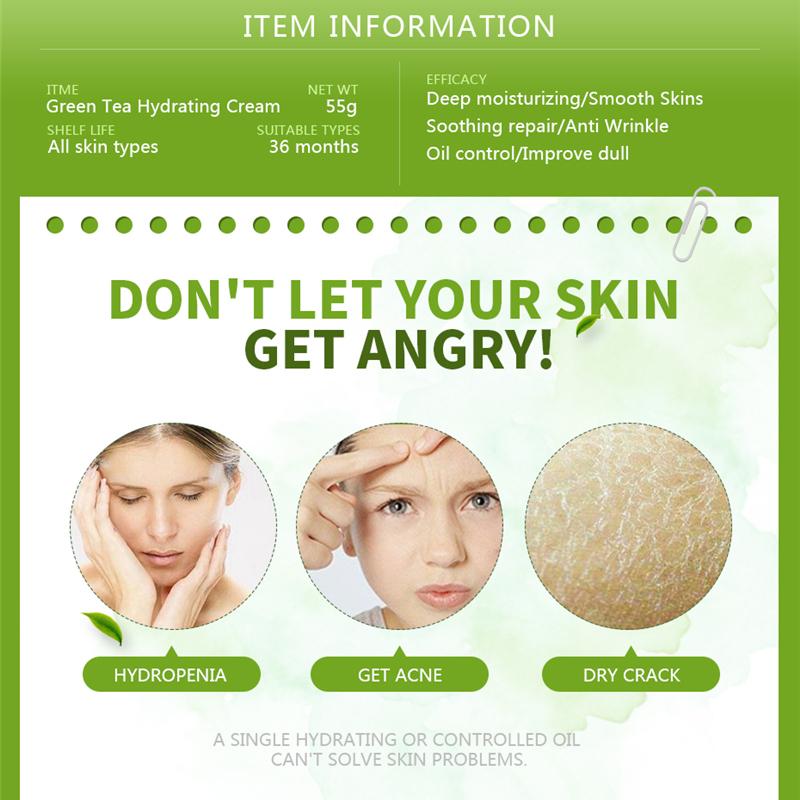 Cremă de față hidratantă cu ceai verde, produs de îngrijire a pielii, antirid, pentru controlul uleiului