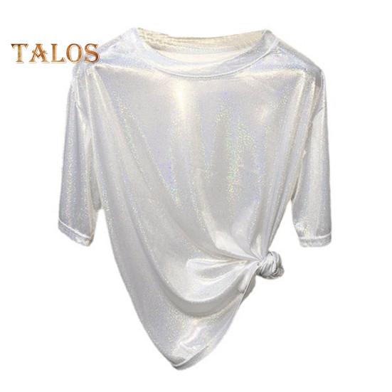 

Женская футболка для выступлений с круглым вырезом и коротким рукавом, свободная посадка, блестящая Светоотражающая футболка, пуловер для вечеринок, танцев, топы серебро белый